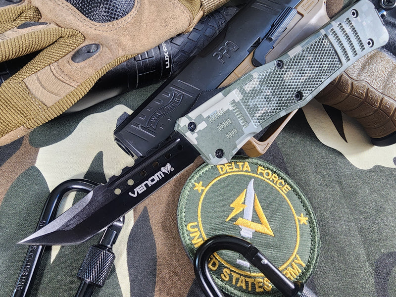 Venom 4TR ACU Camo Tactical OTF Automatic Knife | Black Spartan Edge.