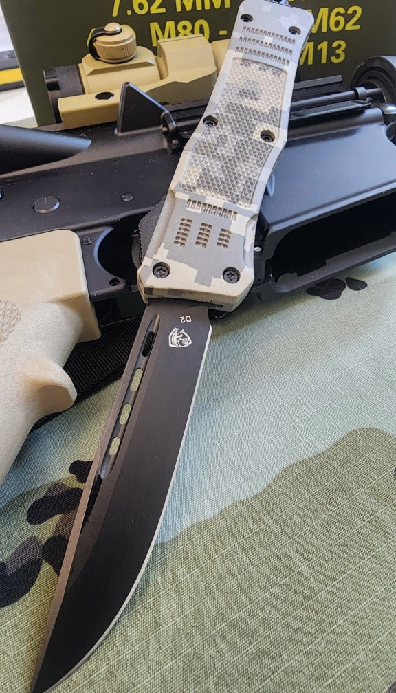 OTF knife with a tactical background