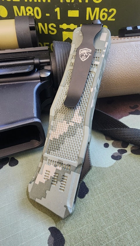 Venom 4TR ELITE Tactical OTF Knife in ACU Black DE, 3.4-inch blade, premium automatic deployment