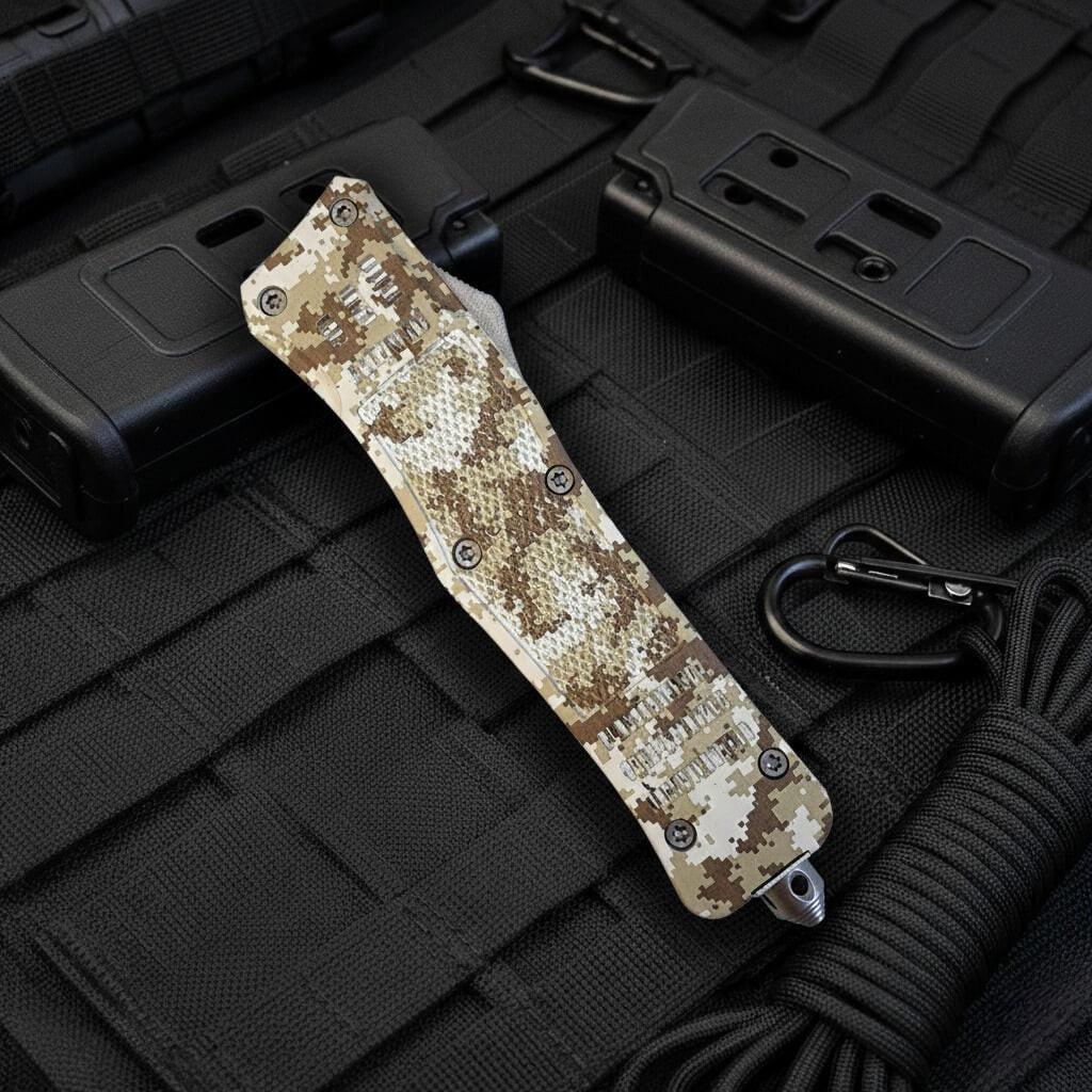 Venom 4TR ELITE Tactical OTF Knife in Desert Digital - Satin DE finish, precision blade for tactical use