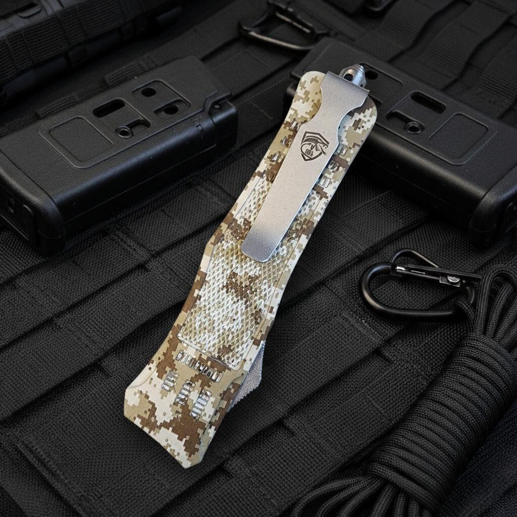 Venom 4TR ELITE Tactical OTF Knife in Desert Digital - Satin DE finish, precision blade for tactical use