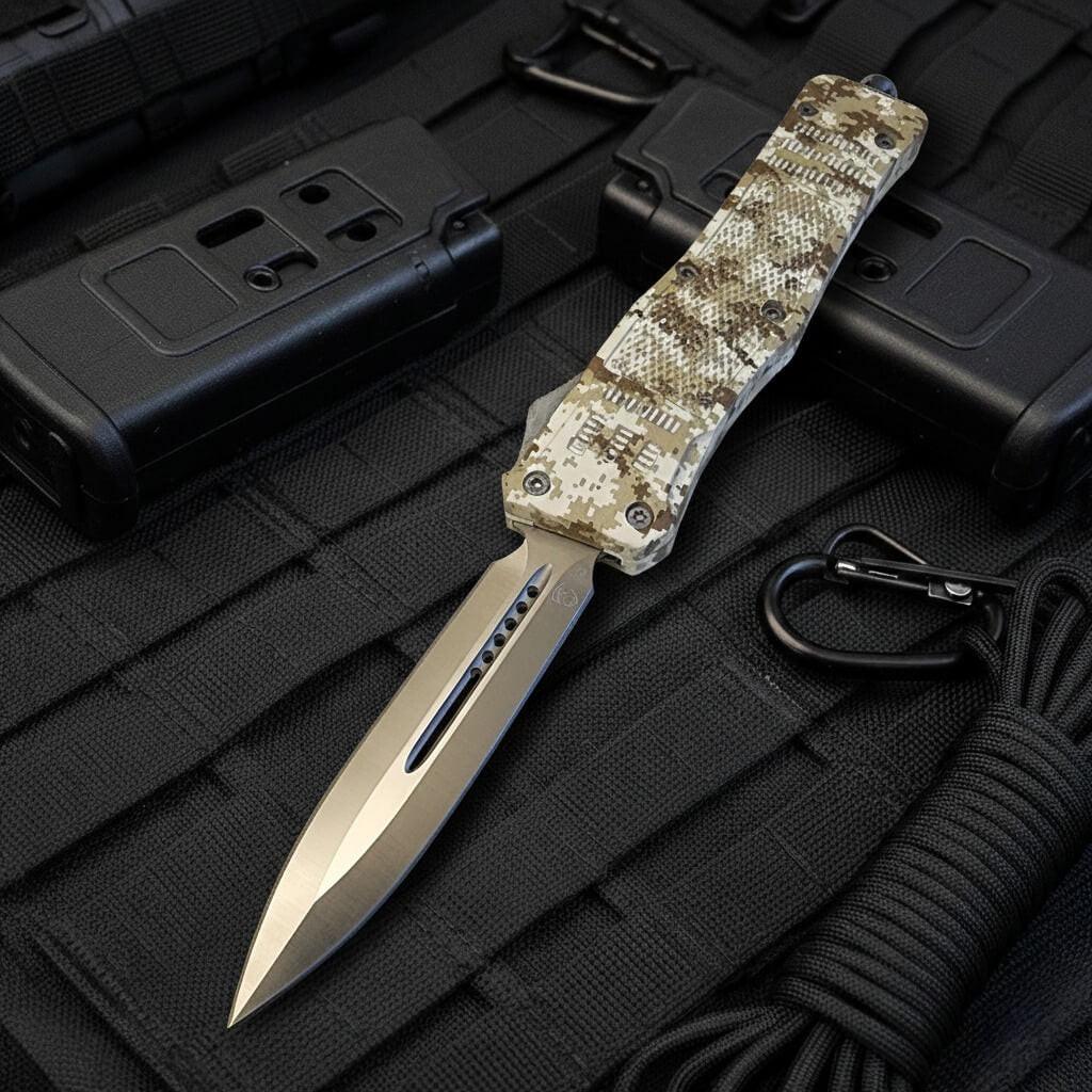 Venom 4TR ELITE Tactical OTF Knife in Desert Digital - Satin DE finish, precision blade for tactical use