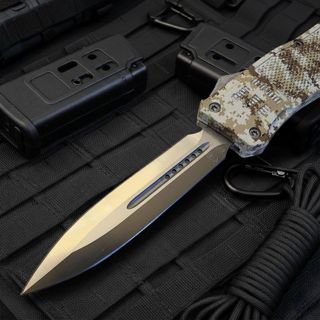 Venom 4TR ELITE Tactical OTF Knife in Desert Digital - Satin DE finish, precision blade for tactical use