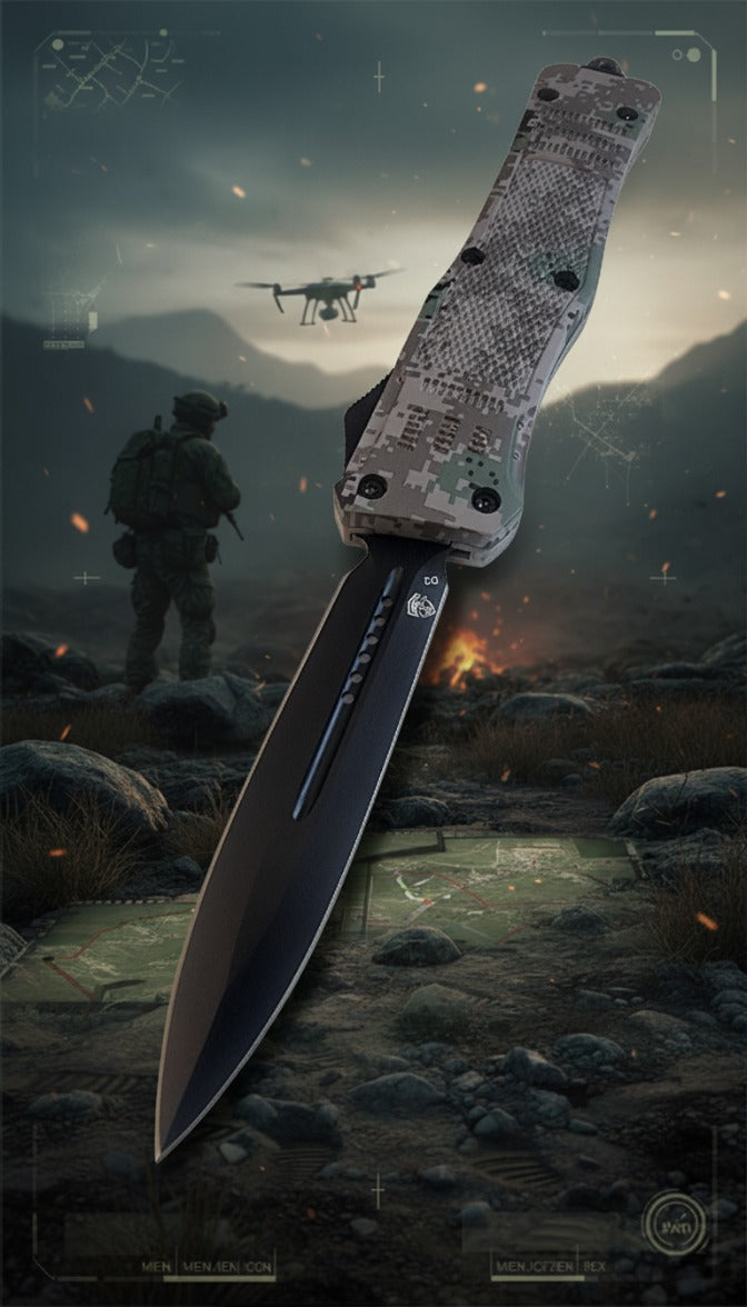 OTF knife with camouflage handle on a rugged terrain background