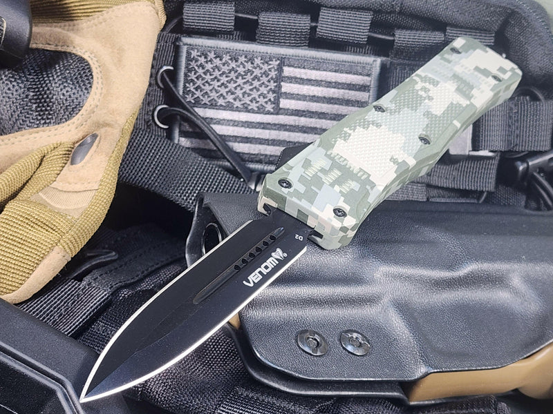 Venom 4TR ELITE Tactical OTF Knife - ACU Camo (Black Double Edge 3.4")