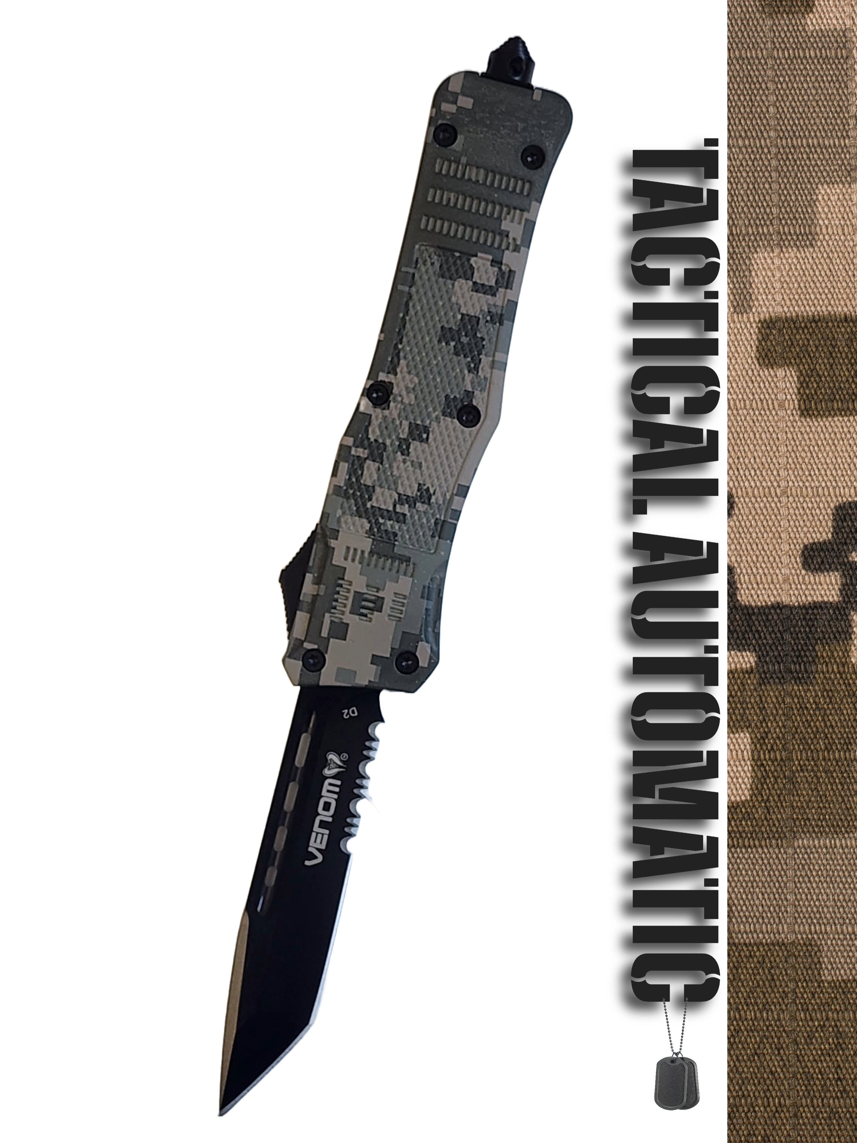 Venom 4TR ELITE Tactical OTF Knife - ACU Camo (Black Tanto Par Ser 3.4").