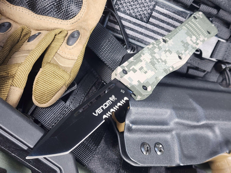 Venom 4TR ELITE Tactical OTF Knife in ACU Camo with Black Tanto Blade and 3.4 length for precision cutting.