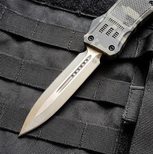 otf knife with a metallic blade and black handle on a tactical background