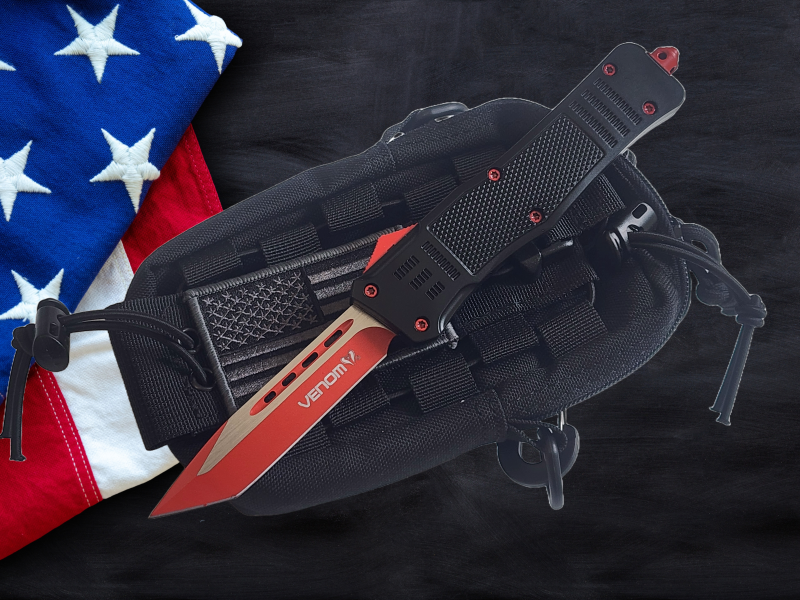 Venom 4TR ELITE Tactical OTF Knife - Black (Red Tanto 3.4").