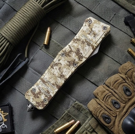 Camouflage knife sheath on tactical gear with gloves and bullets