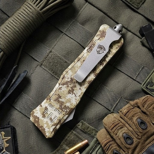 Camouflage pocket knife on a tactical background with gloves and ammunition.