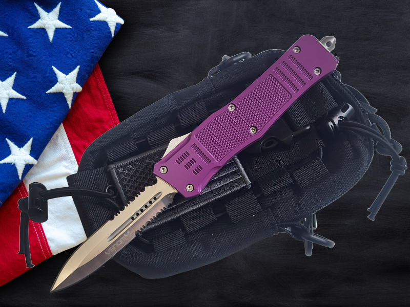 Venom 4TR ELITE Tactical OTF Knife - Purple Defender (Satin Double Edge Par Ser 3.4")