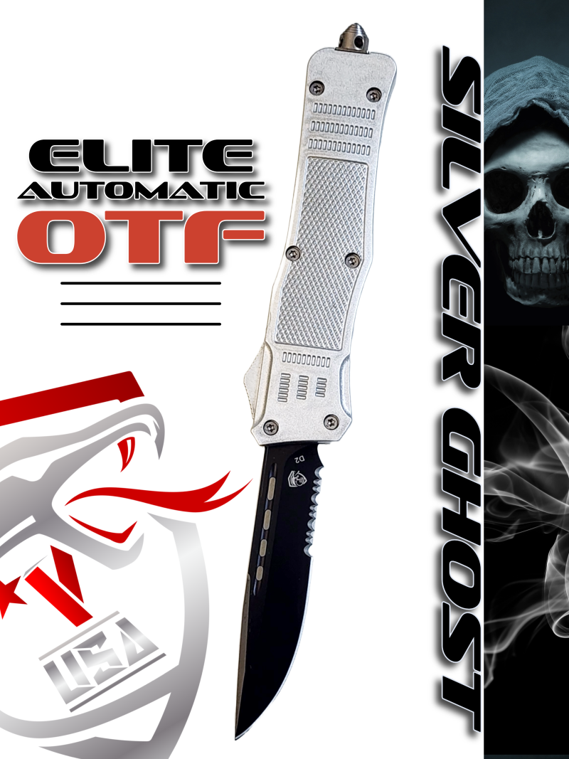 Venom 4TR ELITE Tactical OTF Knife - Silver Ghost - SH (Black Drop Point Par Ser 3.4").