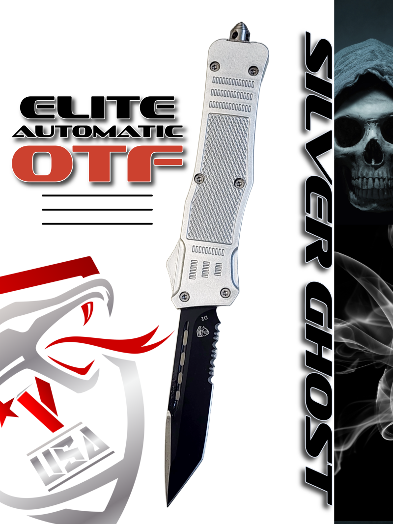 Venom 4TR ELITE Tactical OTF Knife - Silver Ghost - SH (Black Tanto Par Ser 3.4").