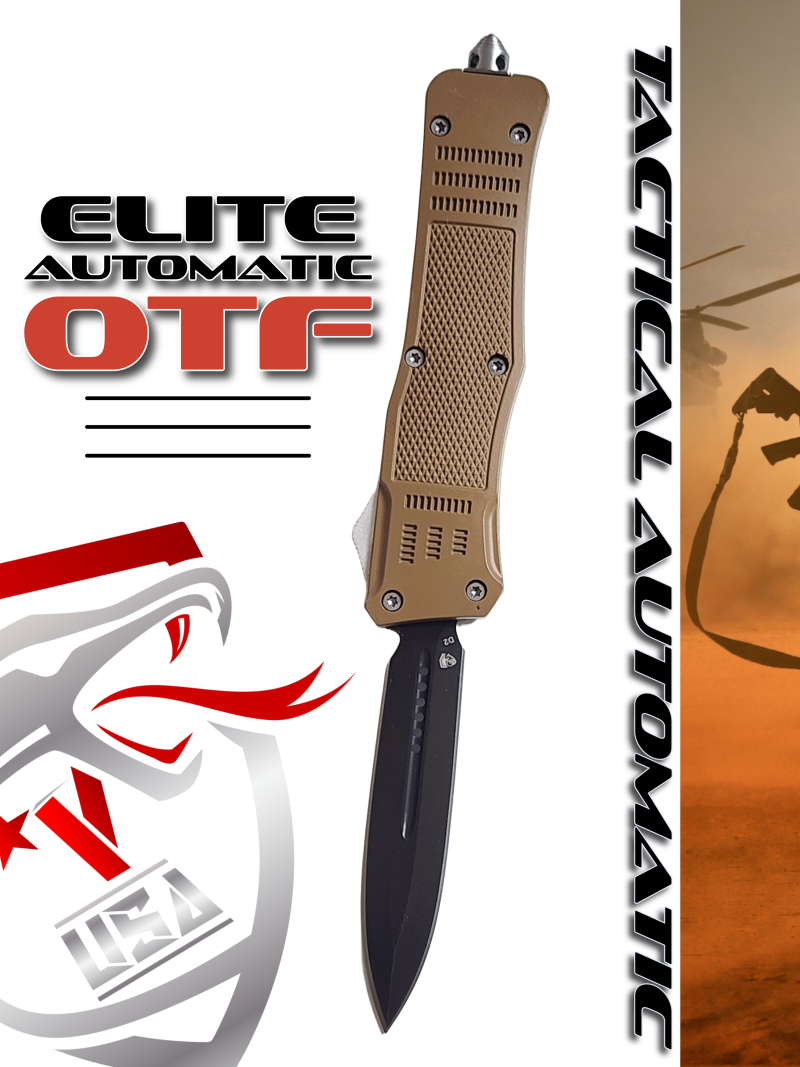 Venom 4TR ELITE Tactical OTF Knife - Tan (Black Double Edge 3.4").