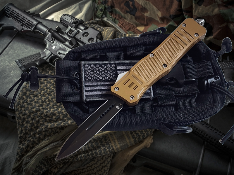 Venom 4TR ELITE Tactical OTF Knife - Tan (Black Double Edge 3.4").