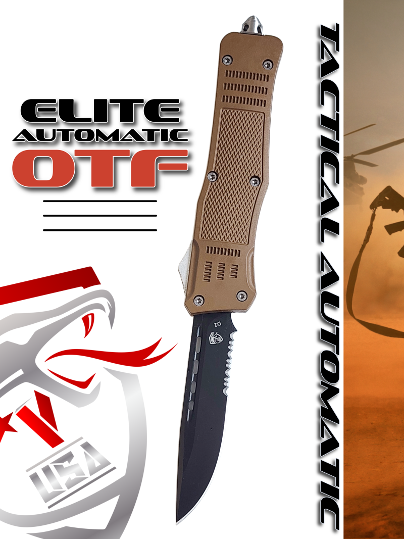 Venom 4TR ELITE Tactical OTF Knife - Tan (Black Drop Point Par Ser 3.4").