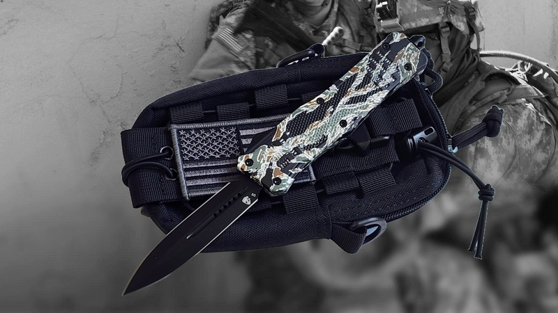 Venom 4TR ELITE Tactical OTF Knife - Tiger Camo (Black Double Edge 3.4")