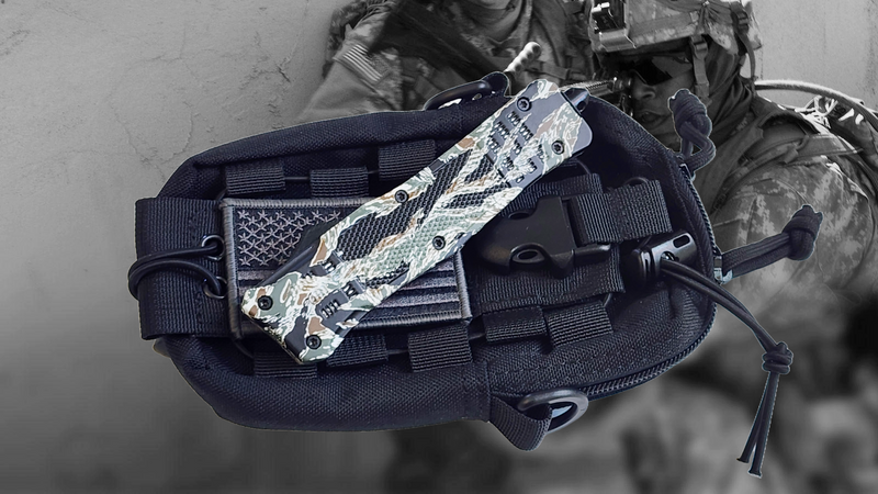 Venom 4TR ELITE Tactical OTF Knife - Tiger Camo (Black Double Edge 3.4")