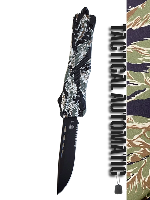 Venom 4TR ELITE Tactical OTF Knife - Tiger Camo (Black Drop Point Par Ser 3.4")