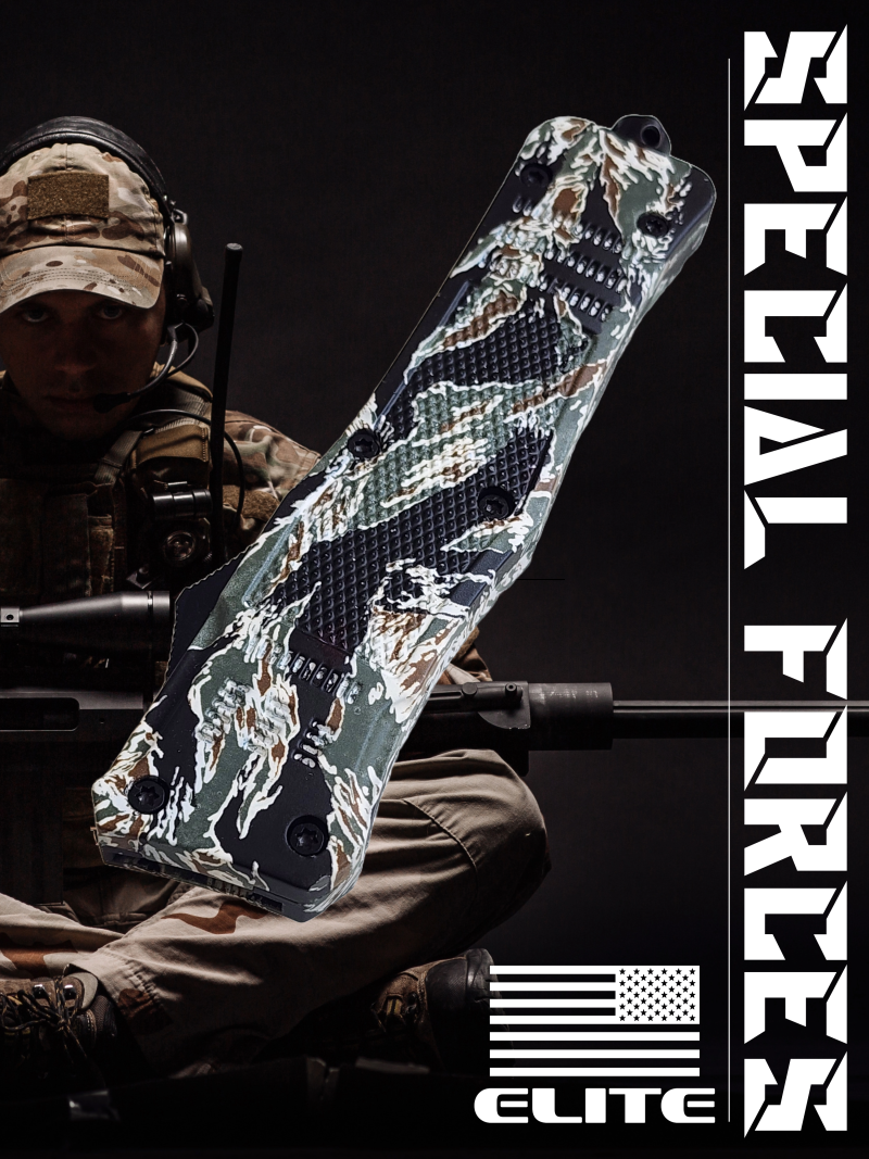 Venom 4TR ELITE Tactical OTF Knife - Tiger Camo (Black Tanto Par Ser 3.4").