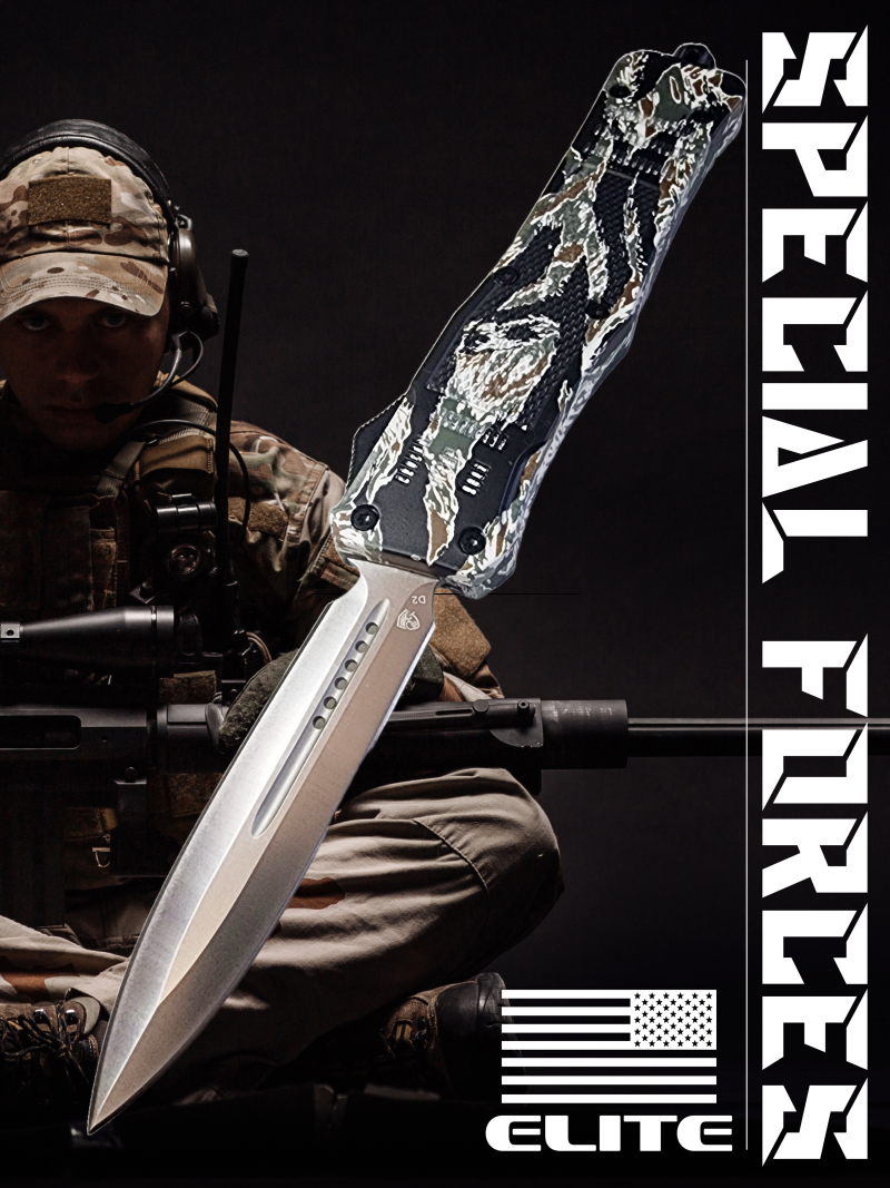 Venom 4TR ELITE Tactical OTF Knife featuring a Tiger Camo design and satin double edge blade.