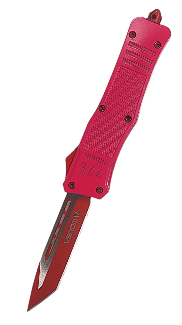 Venom Pink Handle OTF Knife with Red Tanto Blade and Red Hardware
