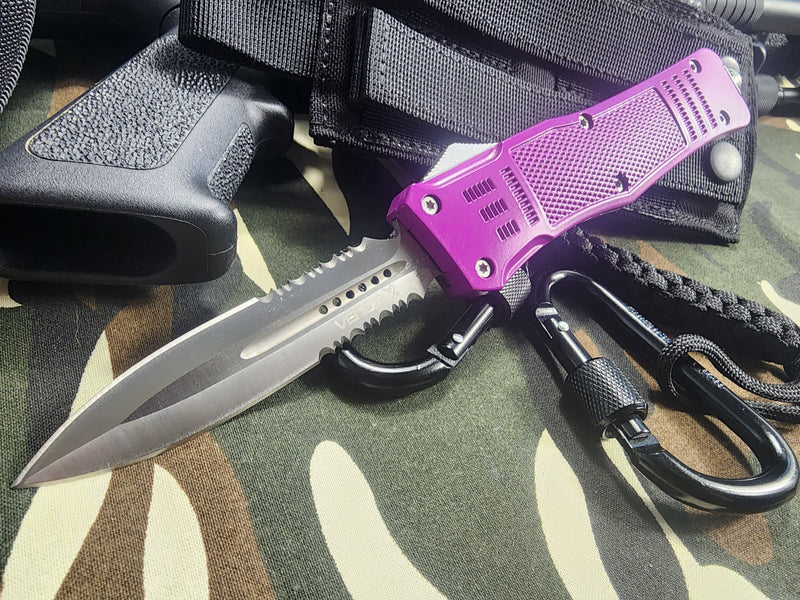 Venom 4TR Purple Defender Automatic OTF Knife | Satin Double Edge Par Serr.