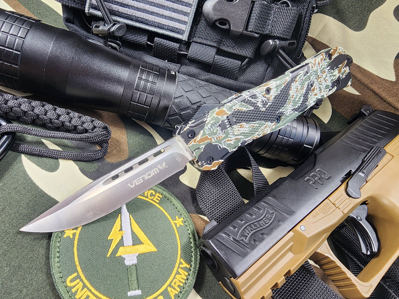 Venom 4TR Tiger Force Automatic OTF Knife - Special Forces Edition- Satin Drop Point D2.