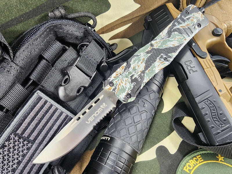 Venom 4TR Tiger Force Automatic OTF Knife - Special Forces Edition- Satin Drop Point Partial Serr.