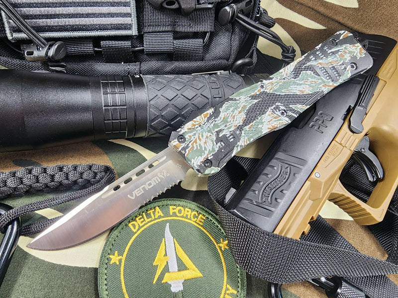 Venom 4TR Tiger Force Automatic OTF Knife - Special Forces Edition- Satin Drop Point Partial Serr.
