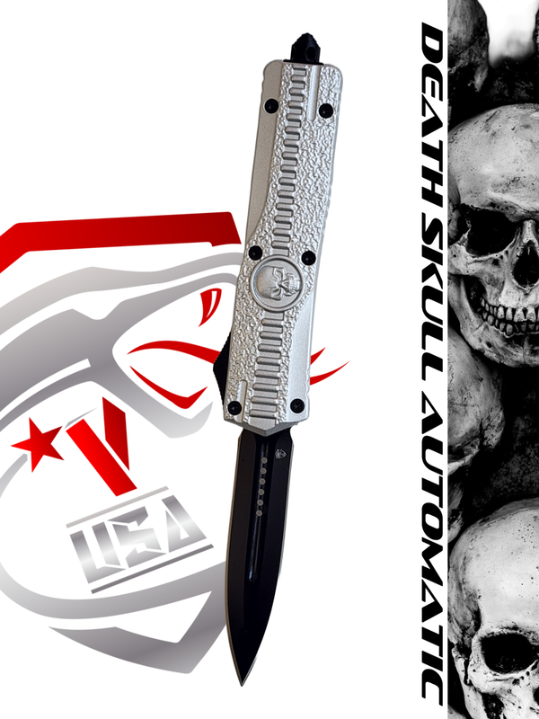 Venom Death Skull Automatic OTF Knife- Silver (Black Double Edge 3.4")