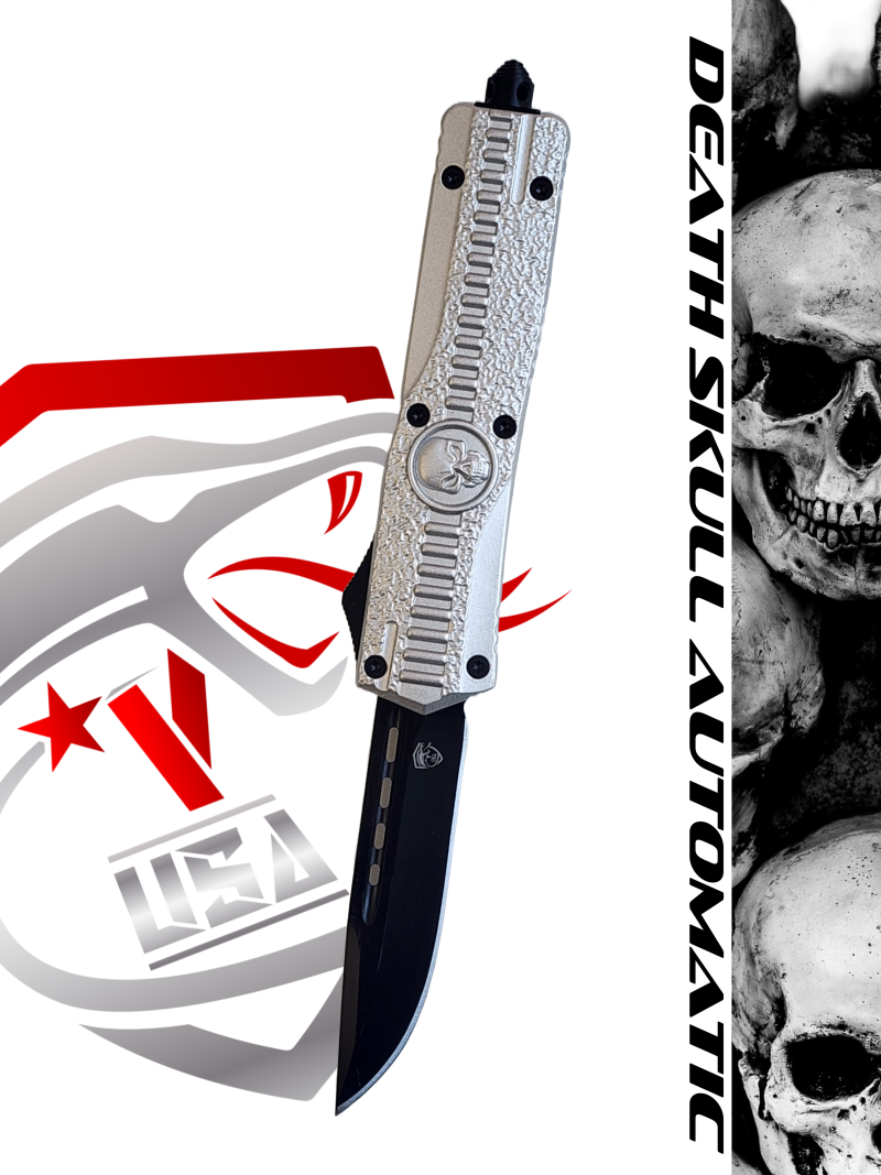Venom Death Skull Automatic OTF Knife- Silver (Black Drop Point 3.4").