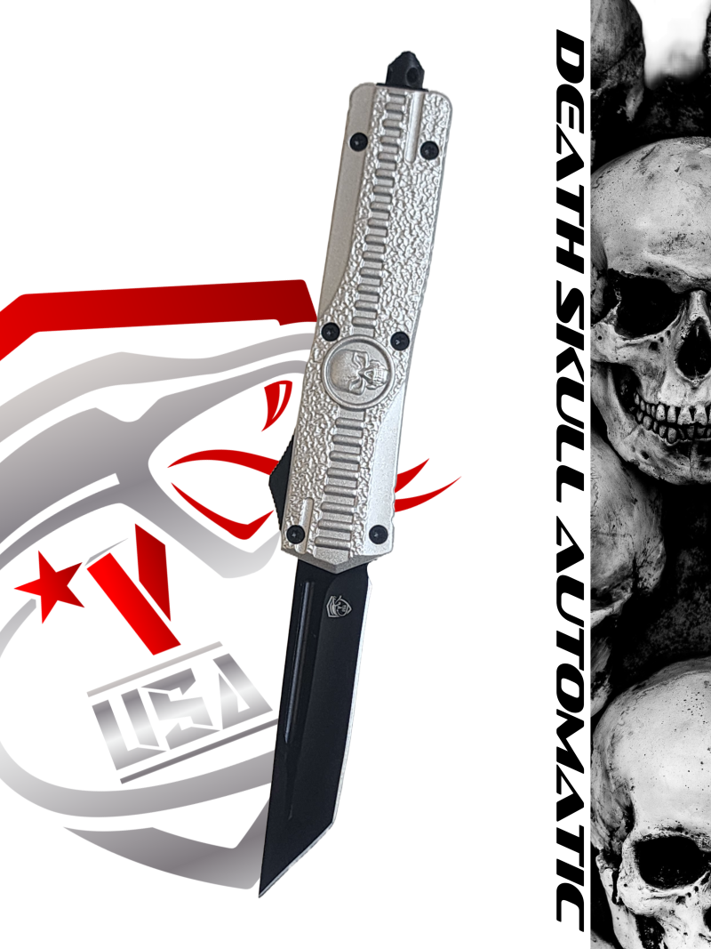 Venom Death Skull Automatic OTF Knife- Silver (Black Tanto 3.4").