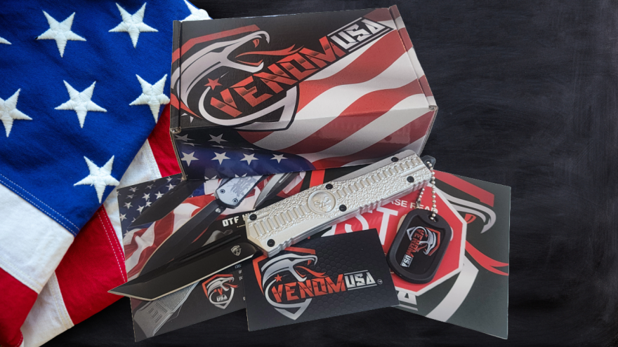 Venom Death Skull Automatic OTF Knife- Silver (Black Tanto 3.4").