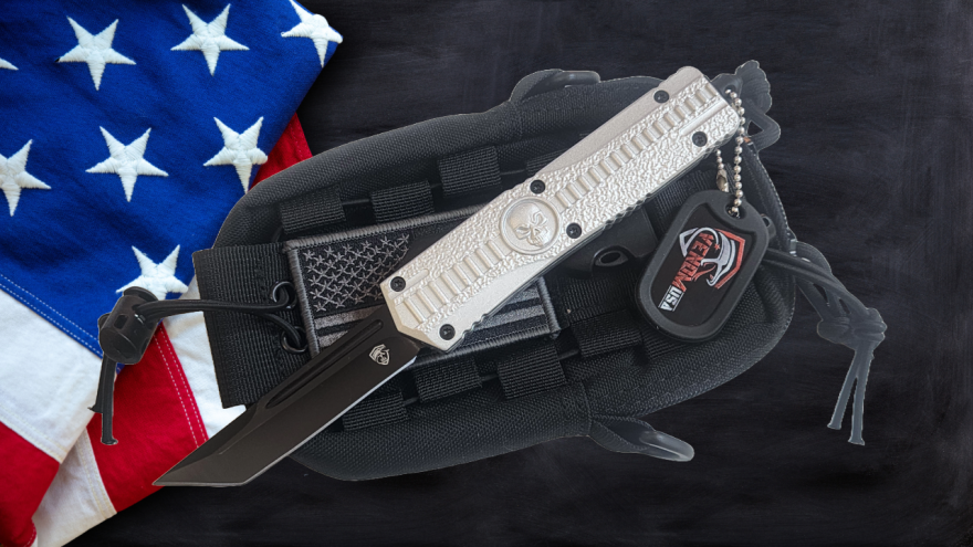 Venom Death Skull Automatic OTF Knife- Silver (Black Tanto 3.4").