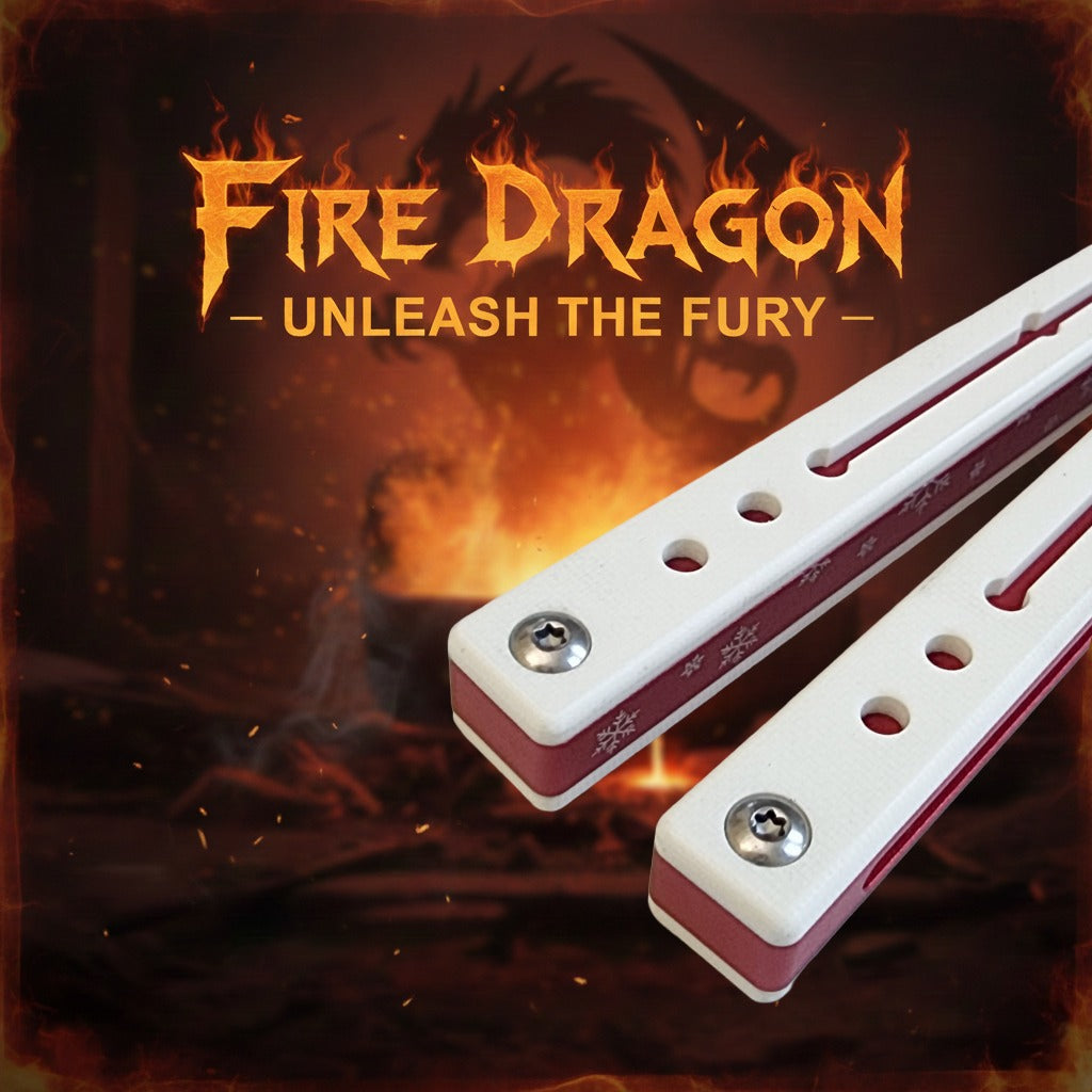 Two red and white harmonicas with 'Fire Dragon' text and fire-themed background