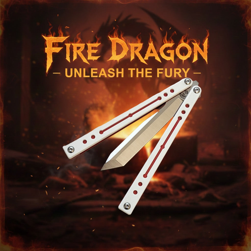 Folding knife with 'Fire Dragon' branding against a fiery background