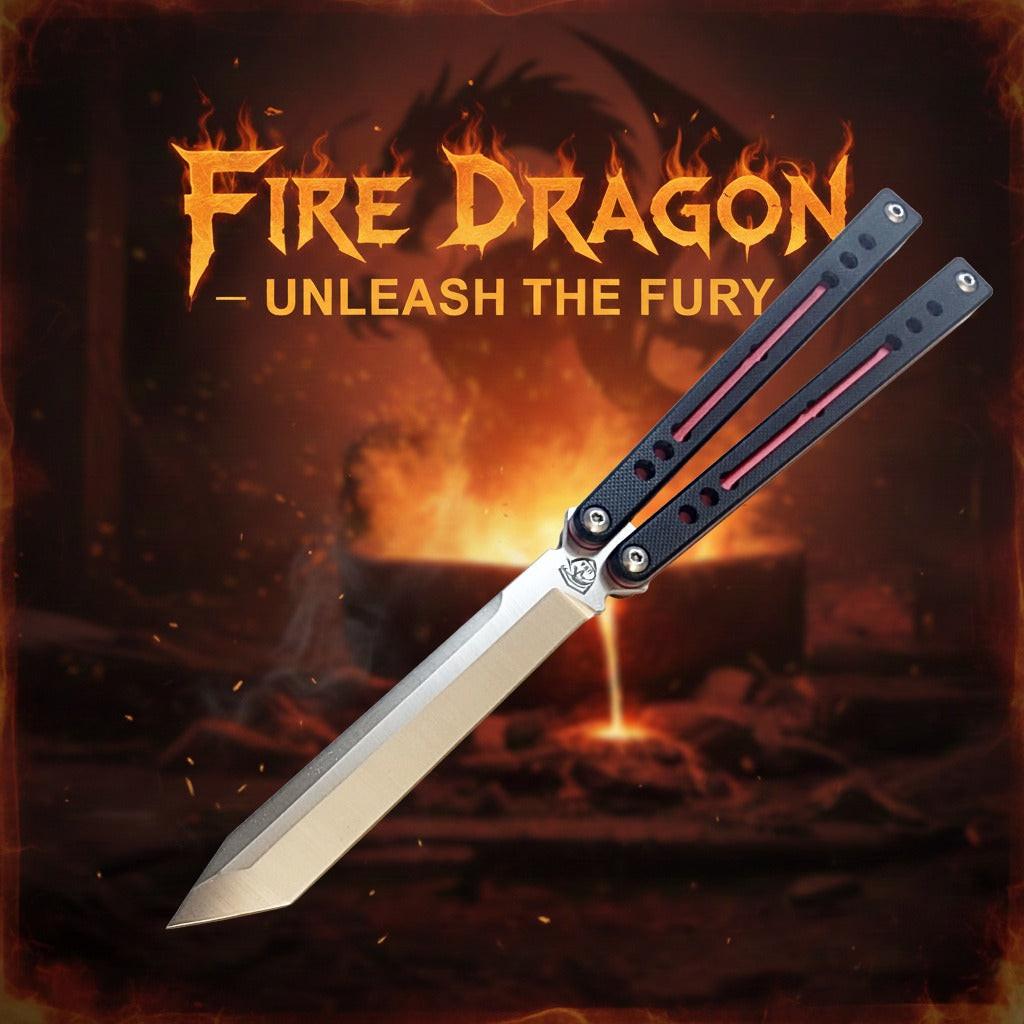 Venom Fire Dragon Balisong featuring G10 Black/Gold handles and Satin Tanto 4.0 blade, perfect for collectors
