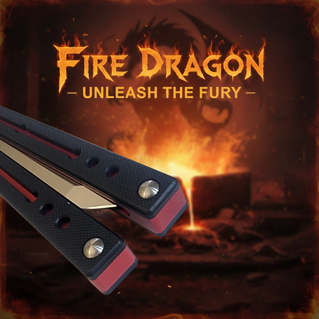 Knife with 'Fire Dragon' branding against a fiery background