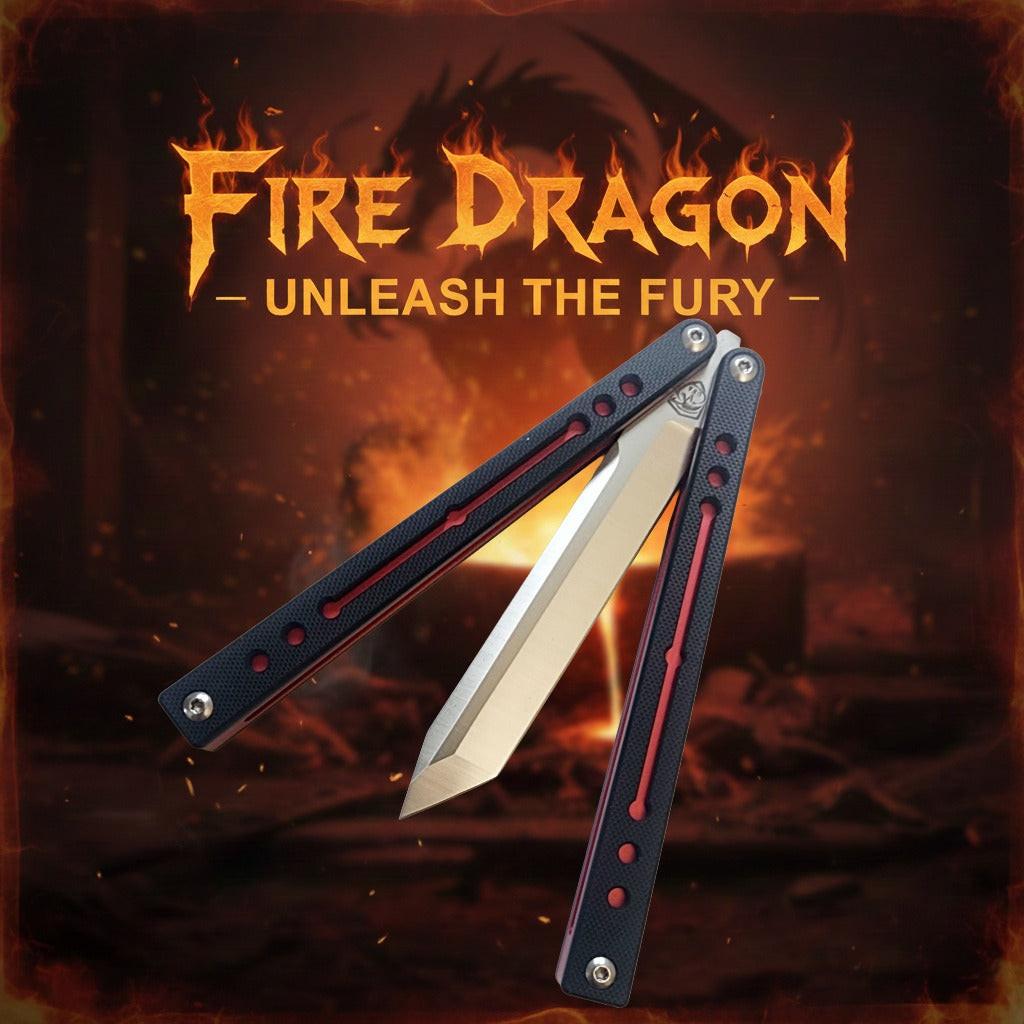 Venom Fire Dragon Balisong featuring G10 Black/Gold handles and Satin Tanto 4.0 blade, perfect for collectors