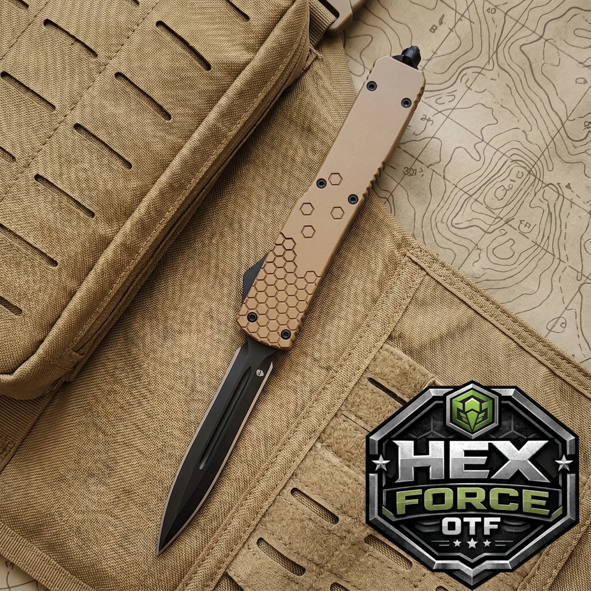 Venom USA Hex Force OTF Automatic Knife – Coyote Tan Black Double Edge 3.25"