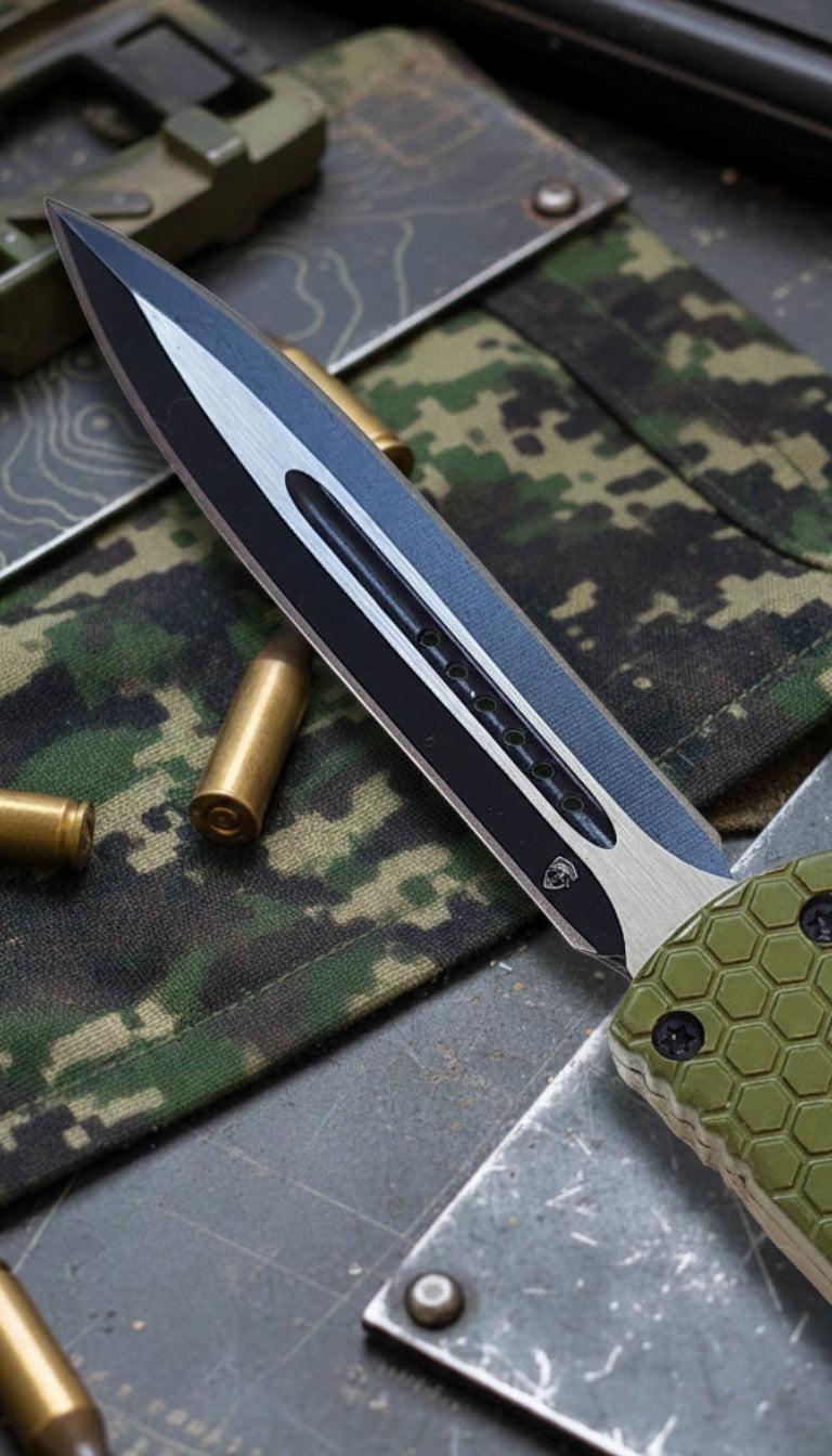 Automatic Knife with a green handle on camouflage-patterned surface