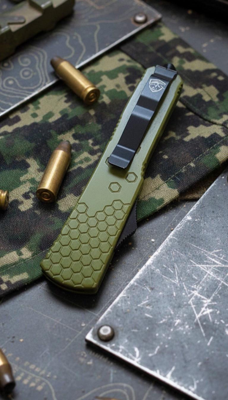 Green OTF Automatic knife on a camouflage surface with bullets