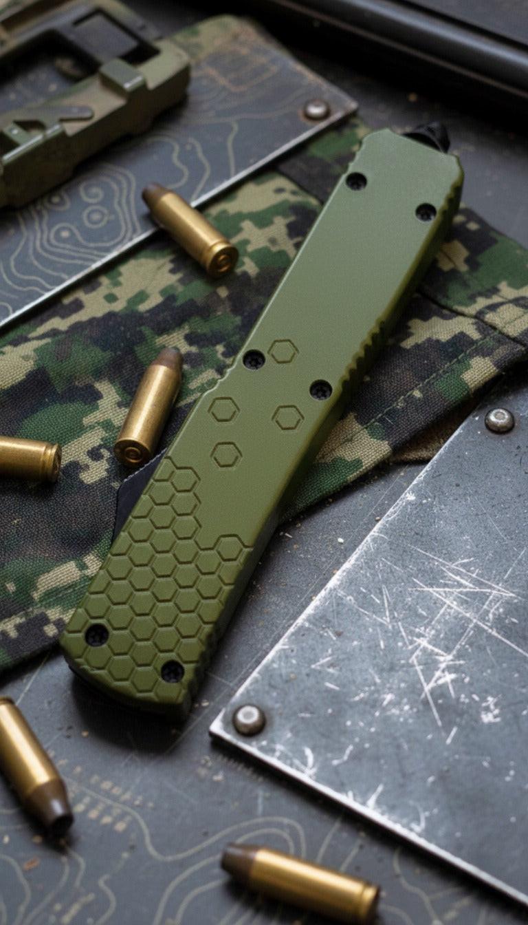 Green OTF knife on a camouflage surface with bullets