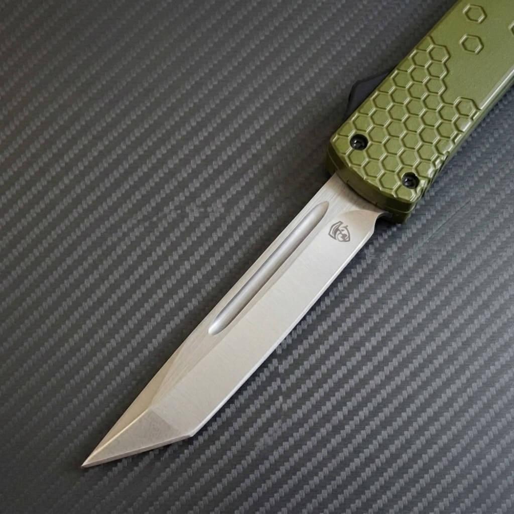 Venom Hex Force OTF tactical knife with satin tanto 3.25-inch blade in OD green, ideal for precise outdoor use