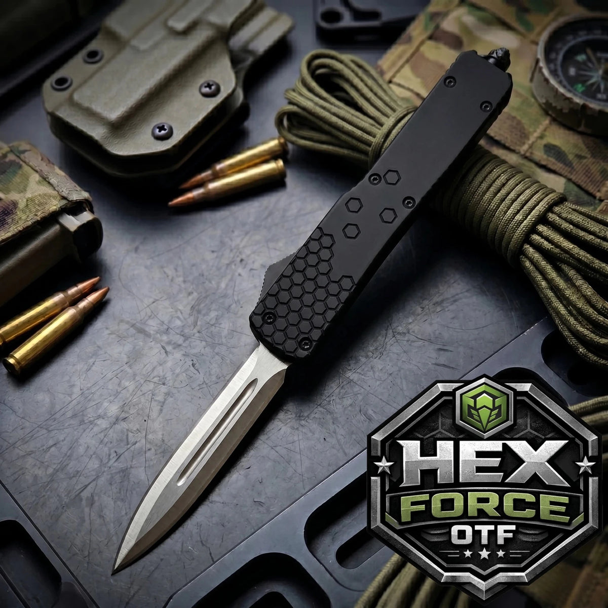 Venom USA Hex Force OTF Automatic Knife – Black Satin Double Edge 3.25"