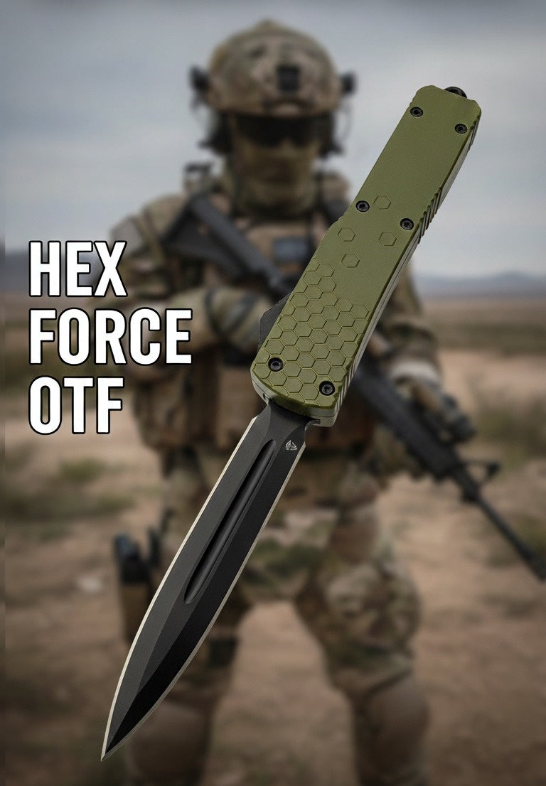 Hex Force OTF knife with a soldier in camouflage gear in the background