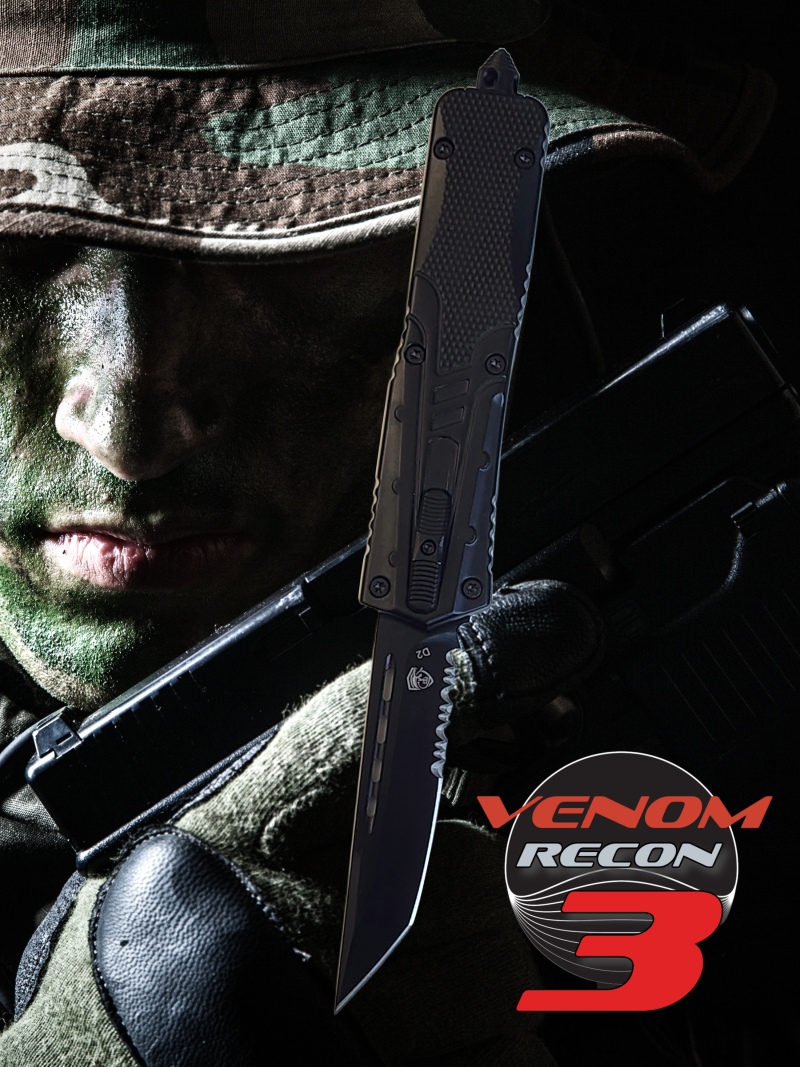 Venom Recon 3 Automatic OTF Knife - Black (Black Tanto Par Ser 3.25").