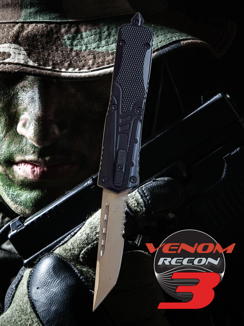 Venom Recon 3 Automatic OTF Knife - Black (Satin Tanto Par Ser 3.25").